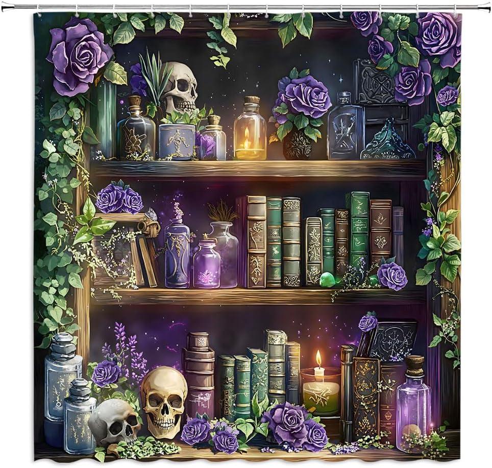 Gothic Skull Shower Curtain Vintage Withcy Spooky Retro Wizard Magic Bookshelf Purple Floral Unique Green Plant Mysterious Bathroom Decor Polyester Curtains with Hooks,70Wx70L