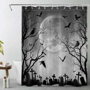 Halloween Shower Curtain Black Crow Bat and Dead Tree in Spooky Misty Forest Shower Curtain with Hooks, Scary Grey Full Moon Night Bathroom Curtains Shower Set Halloween Decor, 60X72Inches