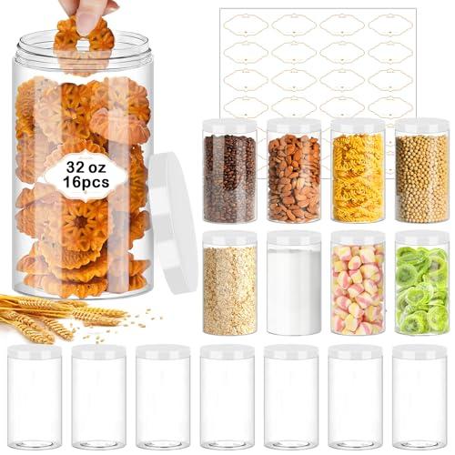 PeacePeo 32 OZ Plastic Jars,16 Pcs Clear Plastic Jars with White Lids Round Empty Storage Jar Wide Mouth Refillable Storage Container with Lids for Household and Kitchen Food Organizing