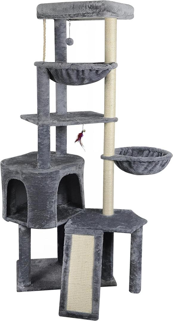 Wang Xin Four Layer Big Cat Tree with Huge Cat Condo and Two Hammocks Scratch Pad, Grey, Large 
