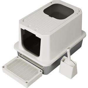 RIZZARI Stainless Steel Cat Box: Beige Leak-Proof Large Enclosed Litter Pan Indoor Odorless Tray for Multiple Cats - Teflon Non-Stick Coating - for Cats Under 20 lbs - Ideal for Laundry Room Balcony