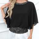 For G and PL Women's Dressy Sequin Formal Wedding Top Batwing Sleeve Chiffon Party Shirt (Black, XL)