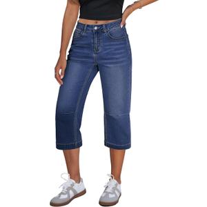 GRAPENT Capri Jeans for Women Mid Rise Straight Leg Casual Relaxed Fit Summer Cropped Stretchy Denim Capris Pants (Large, Darkness Blue)