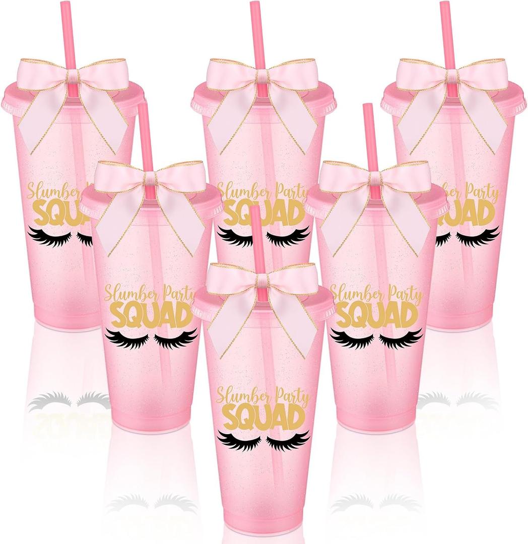 Reallnaive 6 Pcs Pink Sleepover Party Supplies for Girls Slumber Sleepover Squad Cups with Lid Straw and Twist Bow 24 oz Slumber Plastic Tumblers for Spa Pajama Birthday Party Favors Supplies