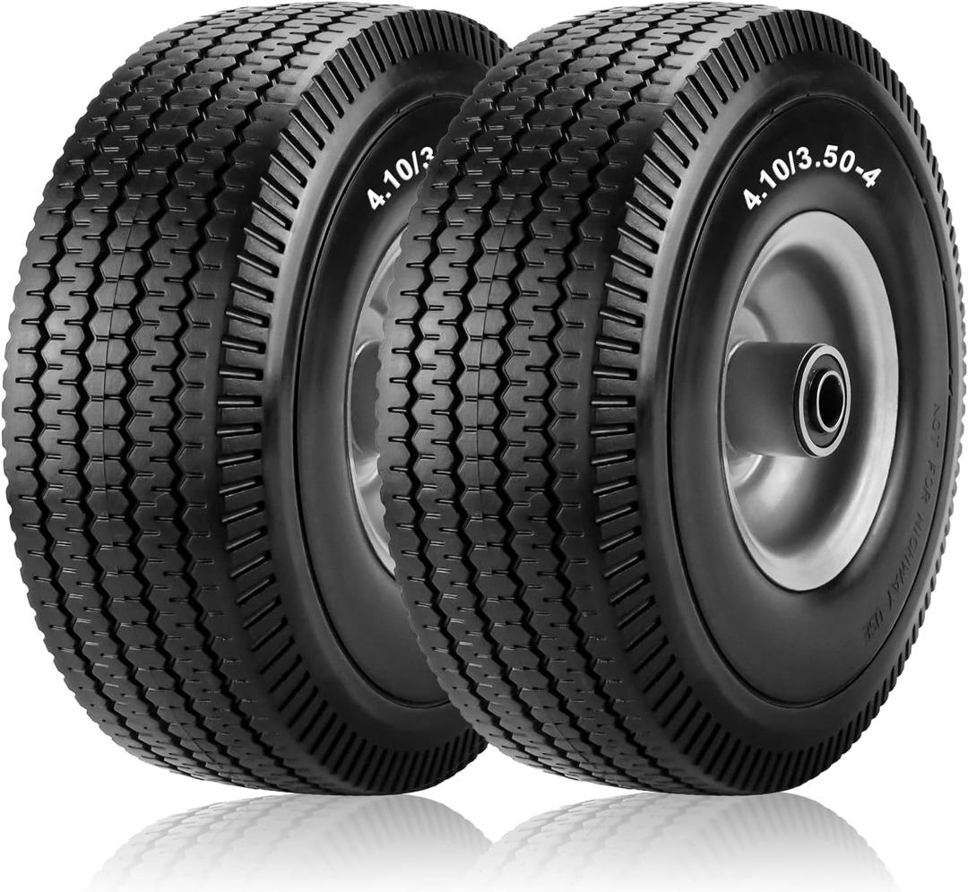 Cenipar 4.10/3.50-4" Flat Free Tire and Wheel 10" Polyurethane Solid Tire with 5/8" Bearings 2.2" Offset Hub -10 Solid Tires for Wagon Wheelbarrow Garden Cart Hand Truck Generator