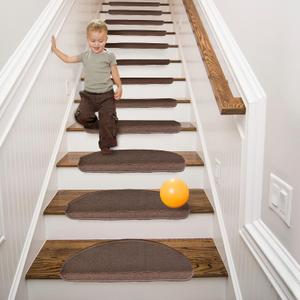 Qingbei Rina Stair Treads,8.7x26 13 PCS Stair Treads Non Slip Indoor,Stair Runner for Wooden Steps,Bullnose Stair Carpet for Dogs Kids(Brown)