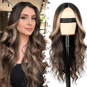 Eawwii Dark Brown Mixed Blonde Wig for Women Long Wavy 4x1 Lace Natural Hairline Glueless for Beginners Middle Part Synthetic for Daily Party Use 26Inch