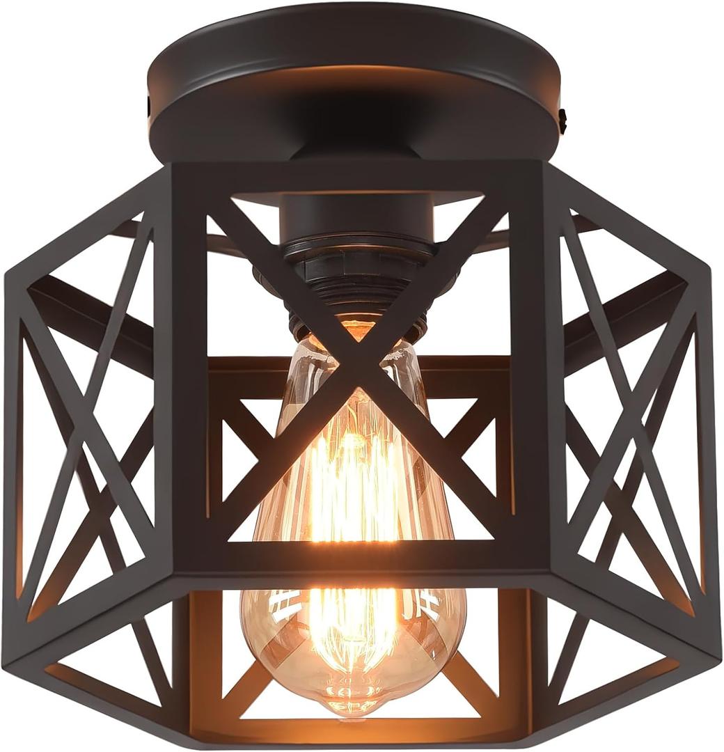 Black Flush Mount Ceiling Light,Hallway Light Ceiling Mount,Industrial Vintage Metal Cage Close to Ceiling Lights for Kitchen,Farmhouse,Bedroom (1 PACK)