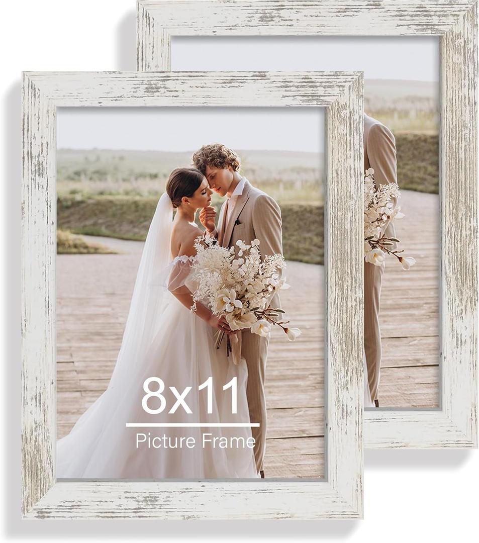 8x11 Picture Frame Set of 2, Made of Real Glass and Distressed White Wooden Frame - 8 by 11 Photo for Wall or Tabletop Display