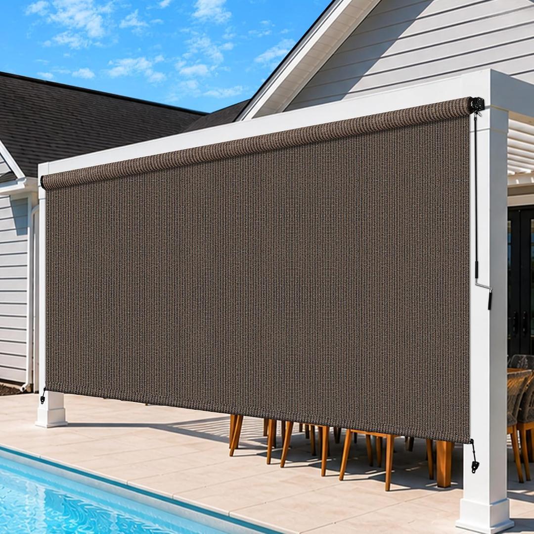 Outdoor Roller Shades for Patio, 12' W x 8' H Cordless Patio Shades Roll Up Outdoor Blinds with Splicing Design, 90% UV Protection for Porch Gazebo Pergola, Mocha, 144"W x 96"H