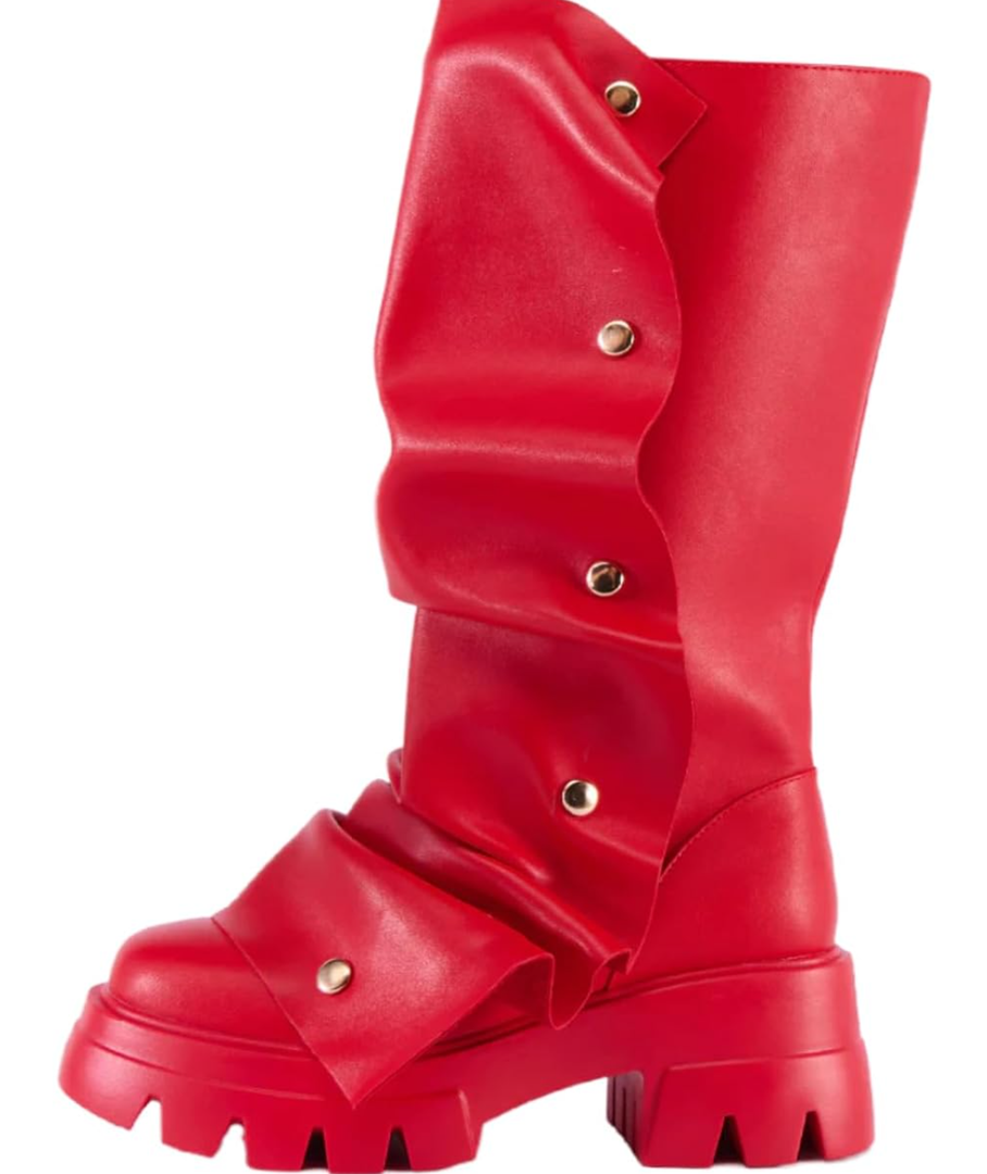 sexytag Women's Platform Slouchy Fold Over Boots Mid Calf Block Heel Round Toe Western Pull on Fashion Boot, Size S