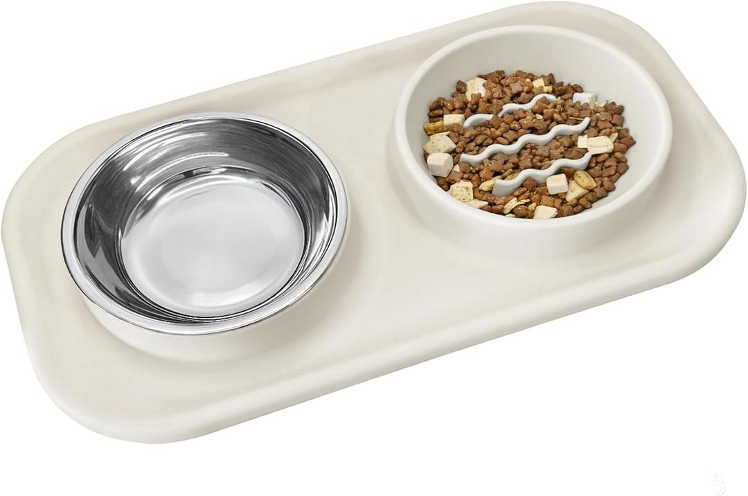 Waterproof Silicone Cat Food Bowls, Stainless Steel & Silicone Slow Feeder Double Bowls, Non-Skid & Non-Spill Raised Edge, Food and Water Feeder for Cat and Puppy (Silicone Mat-15x8.3in, Beige)