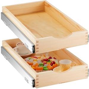 Menkxi 2 Set Pull out Tray Cabinet Organizer Wooden Pull Drawers storage Slide out Pantry Shelf for Base Cabinet Kitchen Gentle Close Fully Assembled Accessories(Wood Color, 12'' X 21'' X 3")