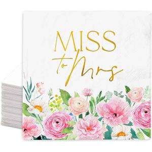FYSUIMU 50Pcs Wedding Floral Paper Napkin Gold Foil Miss to Mrs Luncheon Napkin Pink Flower Disposable Dinner Napkins for Home Kitchen Bridal Shower Engagement Wedding Bachelorette Party Decoration