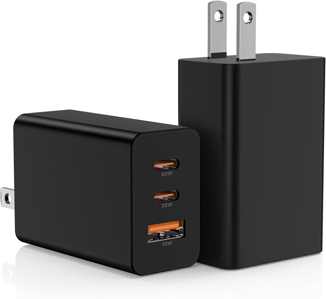 2Pack 65W USB C Wall Charger Block, 3-Port USB C Charging Adapter 100W Type C Super Fast Charging Power Plug Cube for MacBook Pro/Air,i-Pad Pro, i-Phone 17/16/15, Galaxy S25,and More-Black