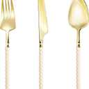150 Pcs Gold Plastic Silverware,Gold Plastic Utensils with Ivory Beads Handle,Fancy Disposable Cutlery Set Include 50 Forks 50 Knives 50 Spoons for Party & Wedding