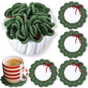 Windkream 5 Pcs Wreath Crochet Coaster Set Wreath Coaster with White Pot Storage Basket Handmade Present Woven Cup Mats Kit for Holiday Party Gifts Kitchen Office Home Decor