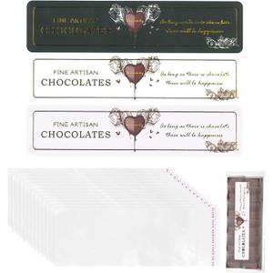 2 x TJYAEKLTD Chocolate Bar Wrappers with Stickers, 100 Pcs Chocolate Candy Bar Packaging Wrappers with 100 Pcs Fine Artisan Stickers, for DIYChocolate Lover Small Batched Custom Sweets (2.36 * 7.87in) (Clear)