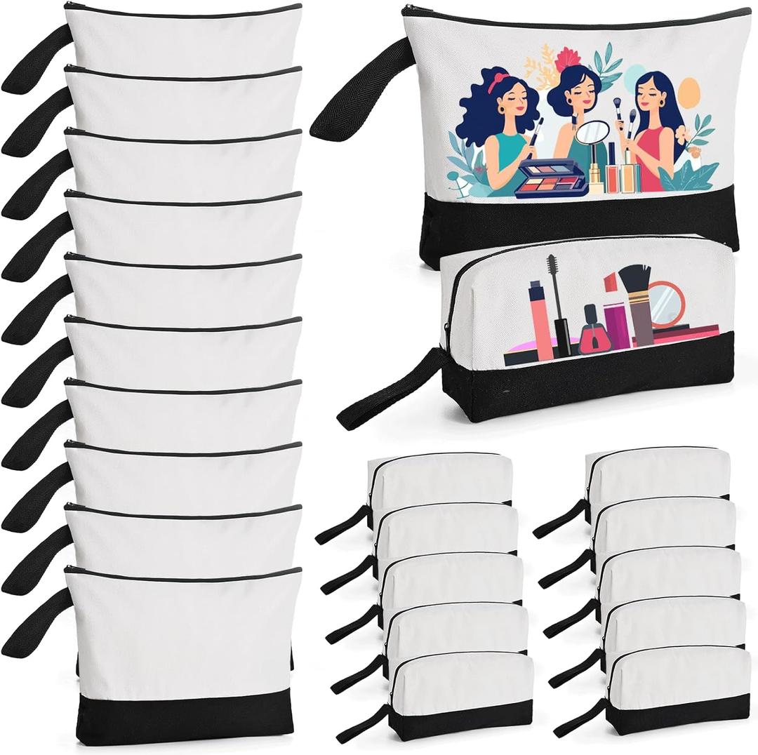 20 Pcs Canvas Makeup Bag with Bottom, 12oz Cotton Cosmetic Bag Set Bulk Multi-Purpose DIY Heat Transfer Makeup Bags with Black Zipper for Bridesmaid Makeup Bag Travel Toiletry Pouch Storage, Halloween