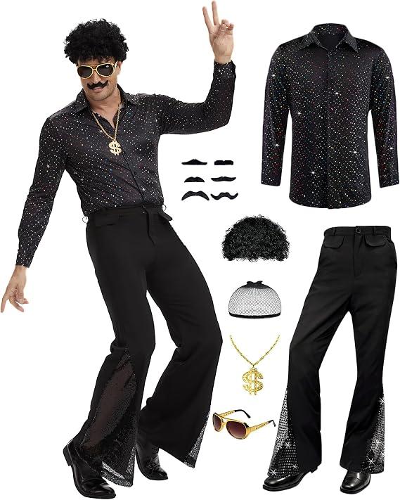 6 Pcs Mens 70s Disco Outfits Retro 80s Costume with Retro Shirt Bell Bottom Pants Wig Sunglasses Necklace Mustache, 2XL