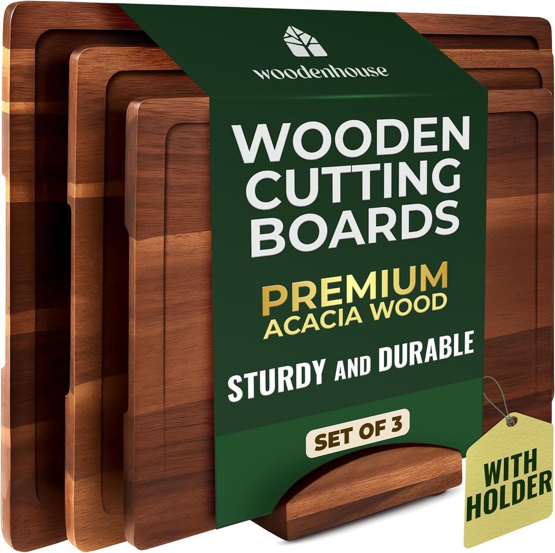 Acacia Wood Cutting Board Set of 3 with Holder, Juice Grooves & Built-in Handles - Durable, Wooden Cutting Boards for Kitchen, Perfect for Chopping, Food Prep and Serving as a Charcuterie, 17"x12", 15"x11", and 13"x10" Sizes and 0.8" thickness for all the boards