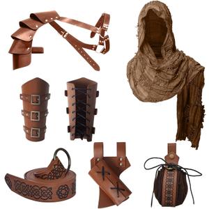 6 Pcs Medieval Knight Accessories,Renaissance Viking Beggar's Scarf Single Shoulder Guard Arm Guard Sword Sheath Waist Bag (Brown)