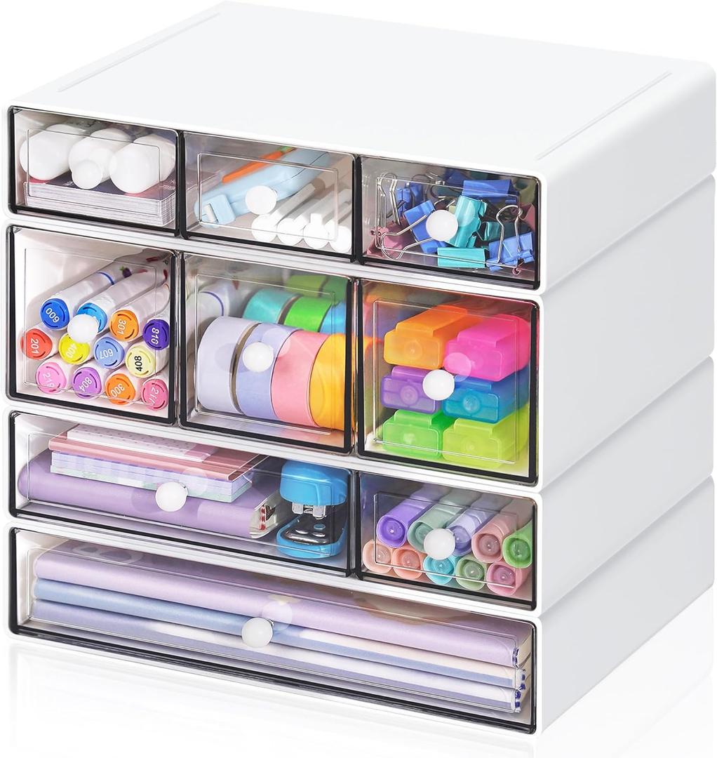 FODIENS Desk Storage Organizer with 9 Drawers, 4 Tiers Stackable Desktop Craft Storage Drawers, Clear Storage Box Caddy for Stationery Makeup Jewelry Office Craft Supplies (White)