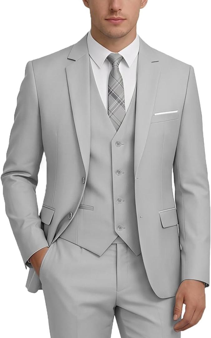 WOMS Mens Suit 3 Pieces Slim Fit Suits for Men Formal Tuxedo Business Suit Wedding Prom Groom Suits Dinner Party (Gray, S)