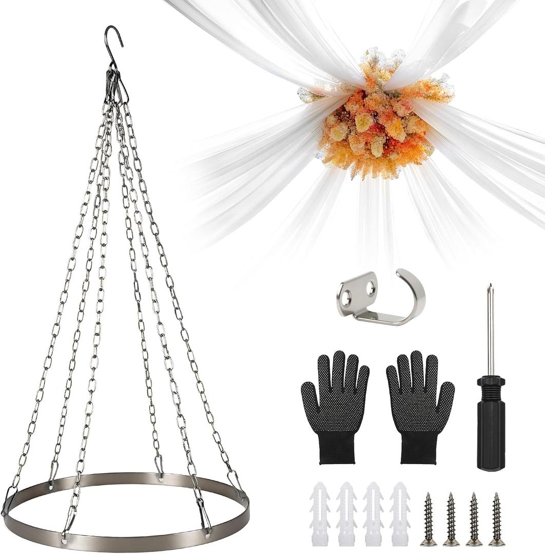 HOMAR 12inch Ceiling Drapes Hanging Kit, Silver Metal Ceiling Canopy Hoop Hardware Kit, for Wedding Party Ceiling Hanging Fabric Indoor Outdoor Decoration Round