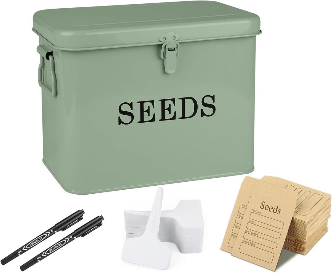 Seed Storage Organizer, T-Shape Compartment Seed Box with Safety Lock, Metal Seed Saving Box, Portable Seed Bin Container with Handle, Including 2 Pens 20 Plant Labels 50 Seed Envelopes-Green