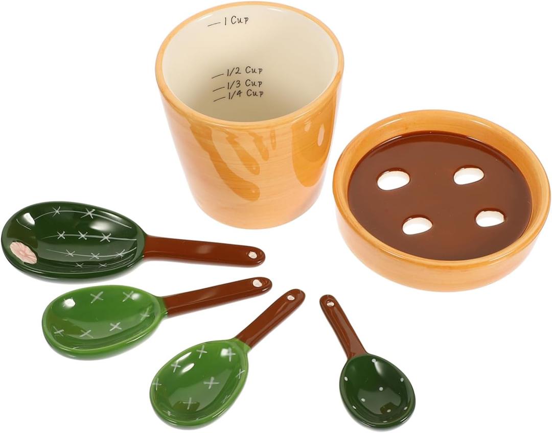 Cactus Shaped Measuring Spoons Set with Holder Ceramic Baking Tool for Accurate Ingredient Measurements Easy to Clean and Ergonomic Design for Home Cooking and Gift Giving