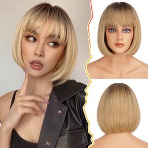 BARSDAR Short Bob Wig with Bangs - Ombre Blonde Bob Wig for Women - Heat Resistant Synthetic Hair with Brown Roots - 12 Inch
