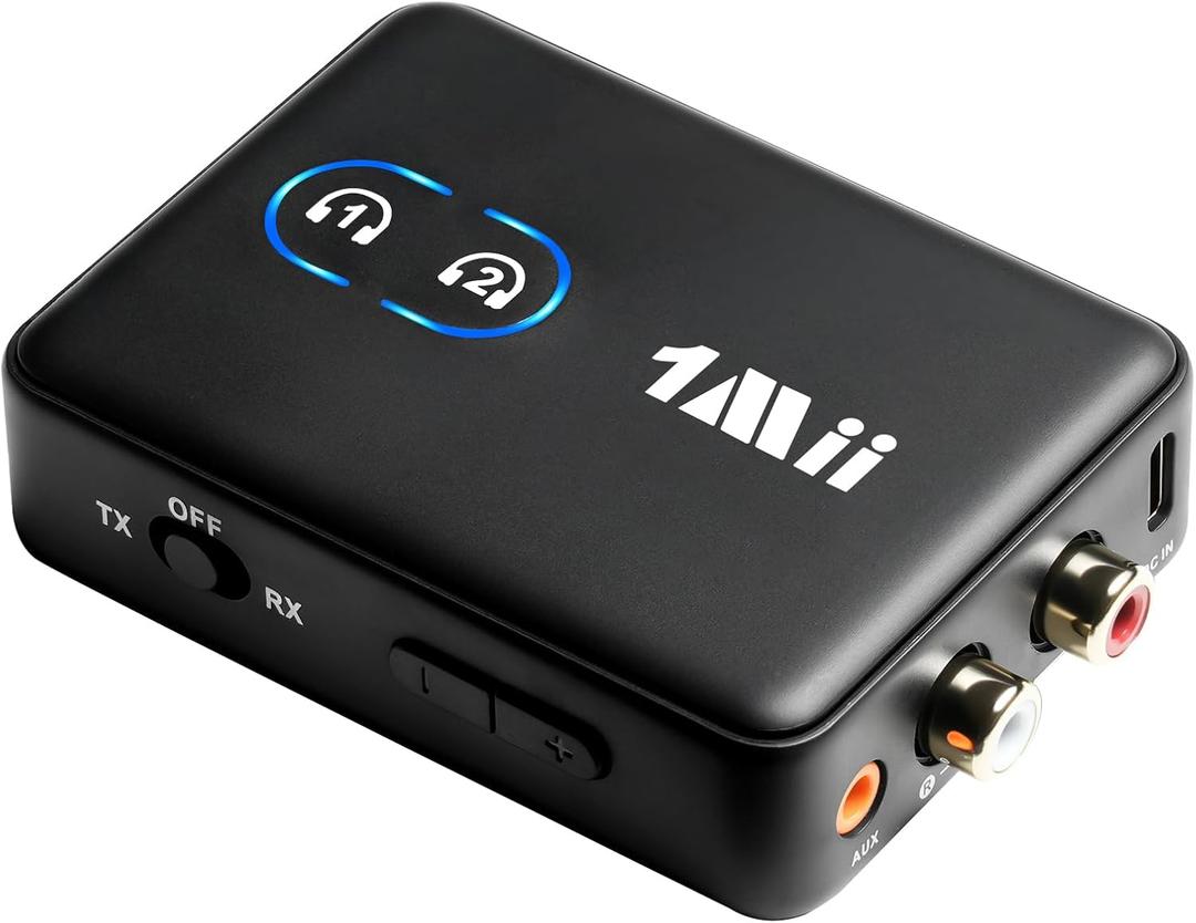 1Mii RCA Bluetooth 5.3 Adapter for TV, 3.5mm AUX Bluetooth Transmitter Receiver for 2 AirPods or Headphones, Home Stereo, Speakers, Projector, Treadmills, PC, with Volume Control, aptX Low Latency