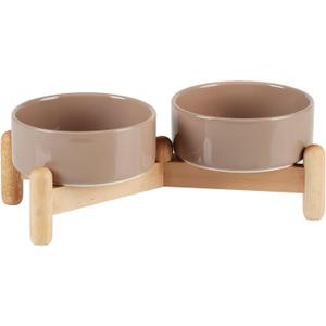 Havniva Ceramic 5.1inch Raised Double Bowls Set with Wooden Stand, Elevated Food & Water Bowls for Small Breed Dogs, Cats, Kitty, Weighted Dog Dishes, Pet Bowls(13.5oz, Brown Coffee)
