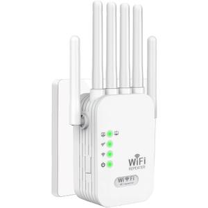 WiFi Repeater, WiFi Extender Signal Booster for Home, 9800 Sq Ft Coverage, Repeater/AP Mode, 6 Antennas, Ethernet Port, WPA2, Supports 150+ Devices, White