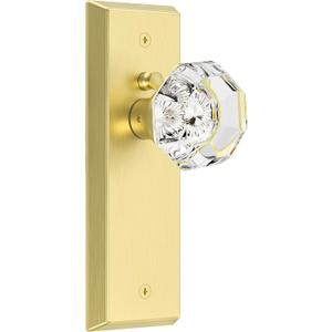 Glass Door Knobs for Interior Doors - Vintage Crystal Privacy Bedroom & Bathroom Door Knob with Lock - Diamond Cut Door Handle - Brushed Gold Finish (1 Pack)