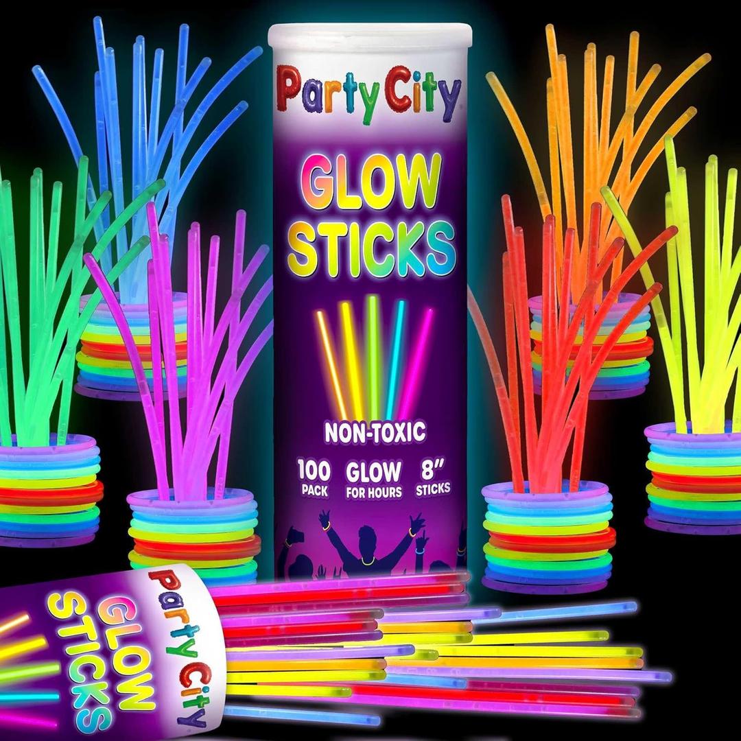 Party City 100 Glow Sticks Bulk Party Pack 8 Neon Glow in the Dark Party Supplies, Glowsticks with Connectors Bracelets & Necklaces, Light Up Favors for Kids, Adults, Birthdays, Parties, Decorations