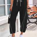 Fisoew Womens Baggy Wide Leg Pants Casual Elastic Waist Drawstring Hiking Workout Cropped Track Pants with Pockets Black (Black, L)