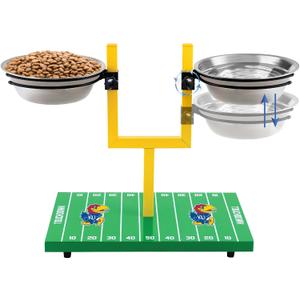 NCAA Kansas Jayhawks Goalpost Football Field Dog Feeder  Adjustable Elevated Dog Bowls with Stand, 2 Stainless Steel Bowls, Non-Slip Rubber Feet, Raised Pet Feeder for Large & Small Dogs