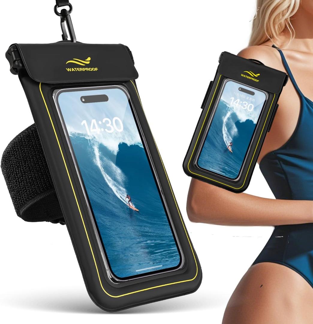 2-in-1 Waterproof Phone Pouch & Phone Armband Floating, Underwater Water Proof Phone Case with Detachable Strap, Waterproof Bags Up to 6.9", Beach Vacation Water Park Essentials (Black)
