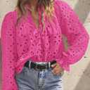 PRETTYGARDEN Women's Dressy Casual Blouse Tops Fall Spring Puff Long Sleeve Button V Neck Hollow Out Lace Embroidered Shirts (Pink)
