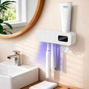 Smart Wall-Mounted Toothbrush Holder for Bathroom, Toothbrush Storage Organizer with 3 Slots, Toothbrush Holders with Toothpaste Dispenser for Drying Function (Premium White)