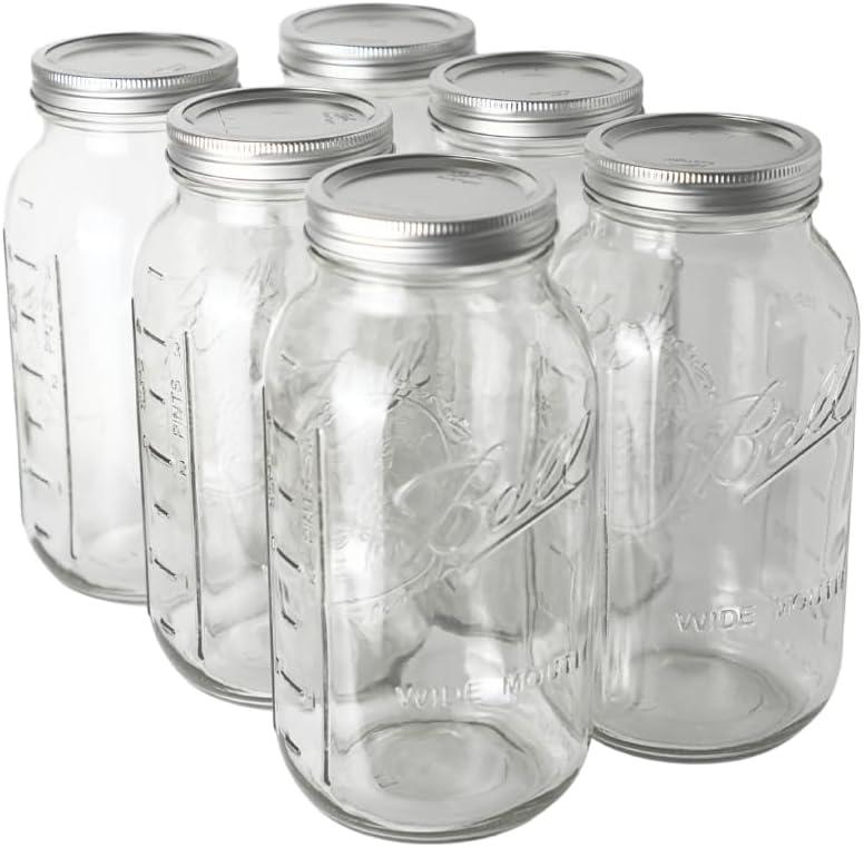 Ball - 64oz Wide Mouth Mason Jars with Lids & Bands 6-Pack Half Gallon Mason Jars Clear Glass for Kitchen Storage & Canning for Herbs, Jelly, Jams, and Spices