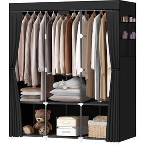 LOKEME Portable Closet, Portable Closets for Hanging Clothes with 3 Hanging Rods and 6 Storage Shelves and 4 Side Pockets, Black Wardrobe Closet Easy to Assemble and Strong and Stable