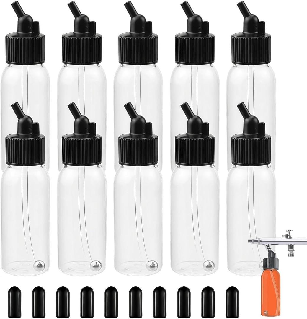 10 Pack Airbrush Bottles 30ml (1oz), Plastic Siphon Feed Jars with Lids & Adapter, Empty Paint Storage Containers Compatible with Dual-Action Suction Feed Airbrushes (Standard 30 Angle)
