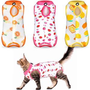 Nuanchu 3 Packs Cat Recovery Suit Kitten Recovery Suit E-Collar Alternative for Cats and Dogs Abdominal Skin Anti Licking Pajama Clothes Sets(Medium, Fruit Style, Colorful)