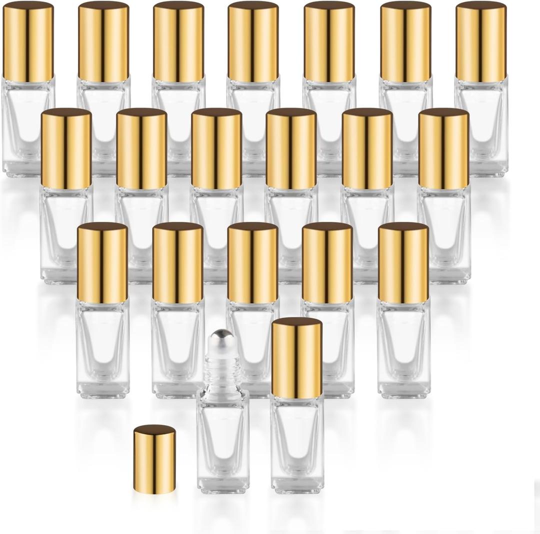 20 Pcs Square Glass Roller Bottles Essential Oil Roller Bottles Empty Cosmetic Vials Containers with Stainless Steel Roller Balls & Gold Lids - 0.1oz/3ml