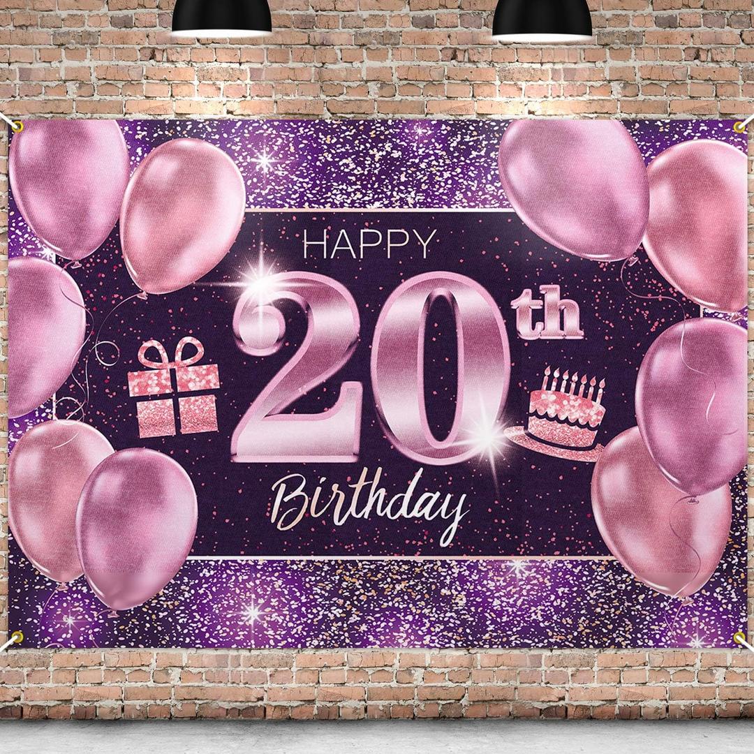 Happy 20th Birthday Banner Backdrop - 20 Birthday Party Decorations Supplies for Women Her - Pink Purple Gold 4 x 6ft