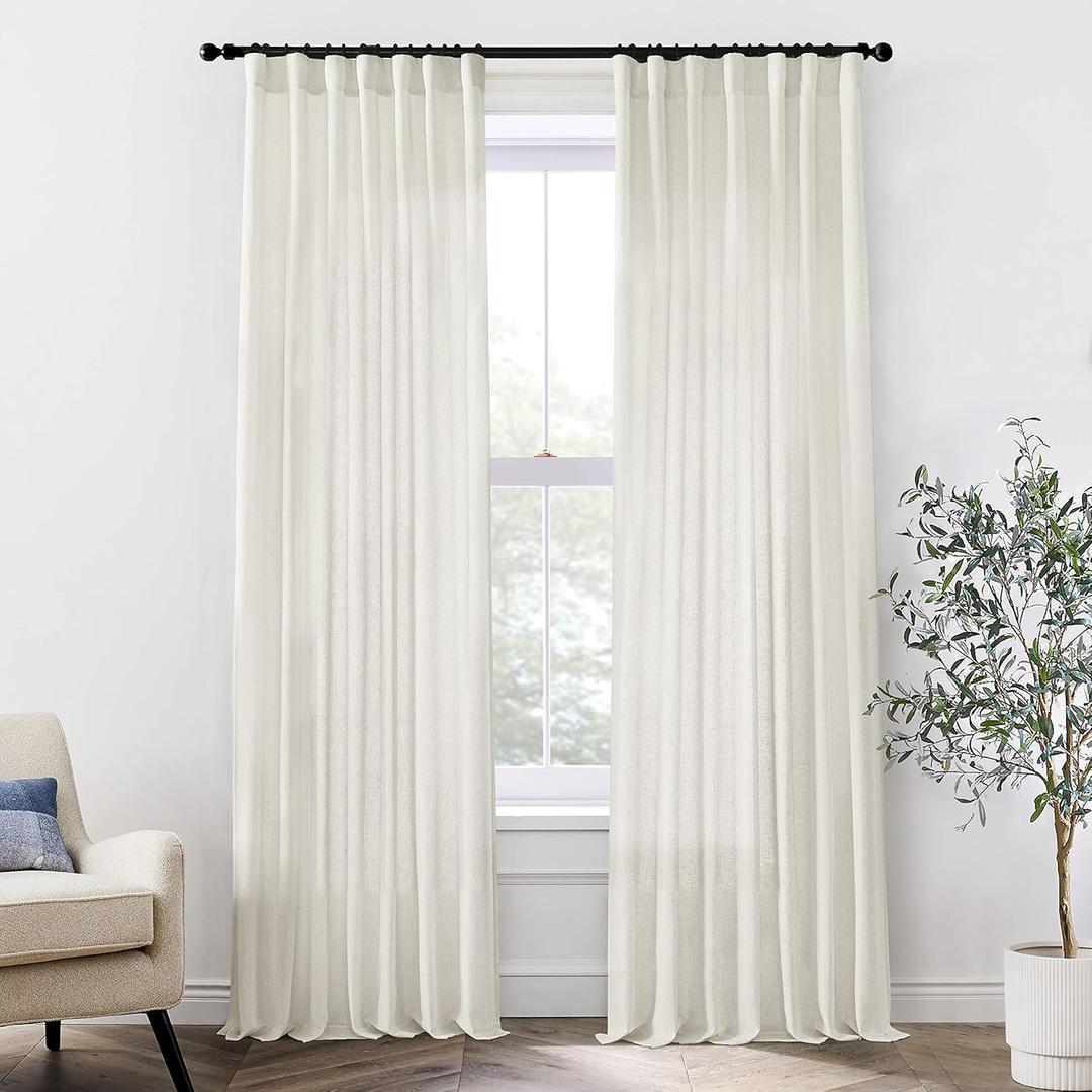 XTMYI 96 Inches Long Modern Farmhouse Linen Curtains for Living Room,Hang Pin Hooks Back Tab Sheer Pleated Curtains for Bedroom Dining Room,96 Length 2 Panel Set,Cream Colored(Ivory/Off White) (50"W x 96"L (Pack of 2), Birch)