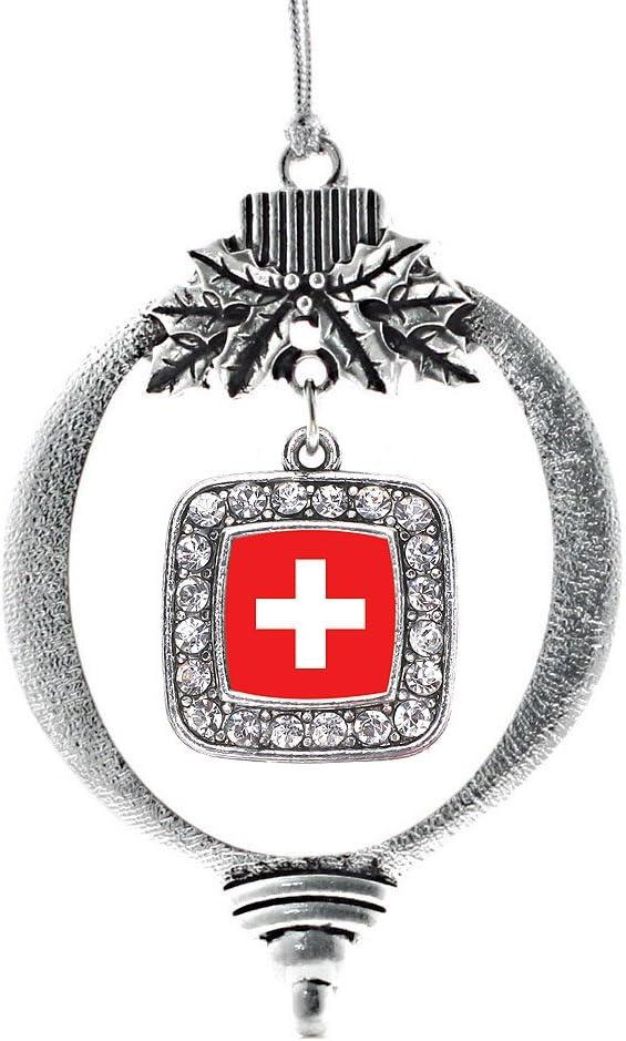 Inspired Silver - Switzerland Flag - Silver Christmas Ornament - Square Charm Christmas Tree Ornament with Cubic Zirconia - Holiday Hanging Decoration